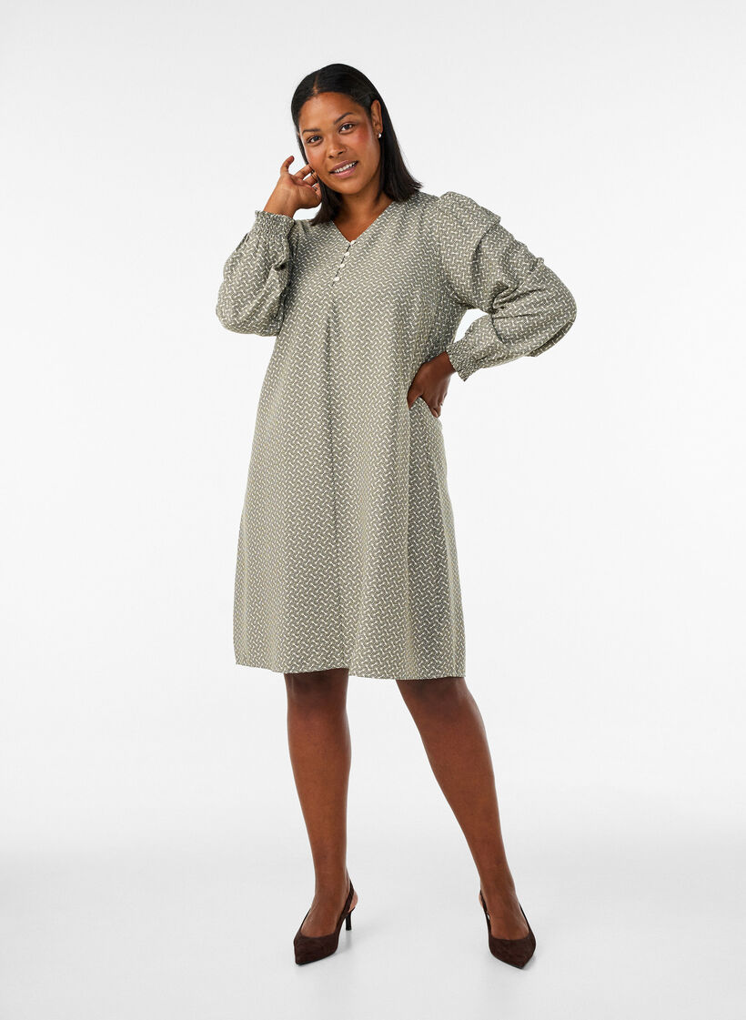 Gemustertes Kleid aus Viskose mit langen &Auml;rmeln, Gr&uuml;n, Model image number 1