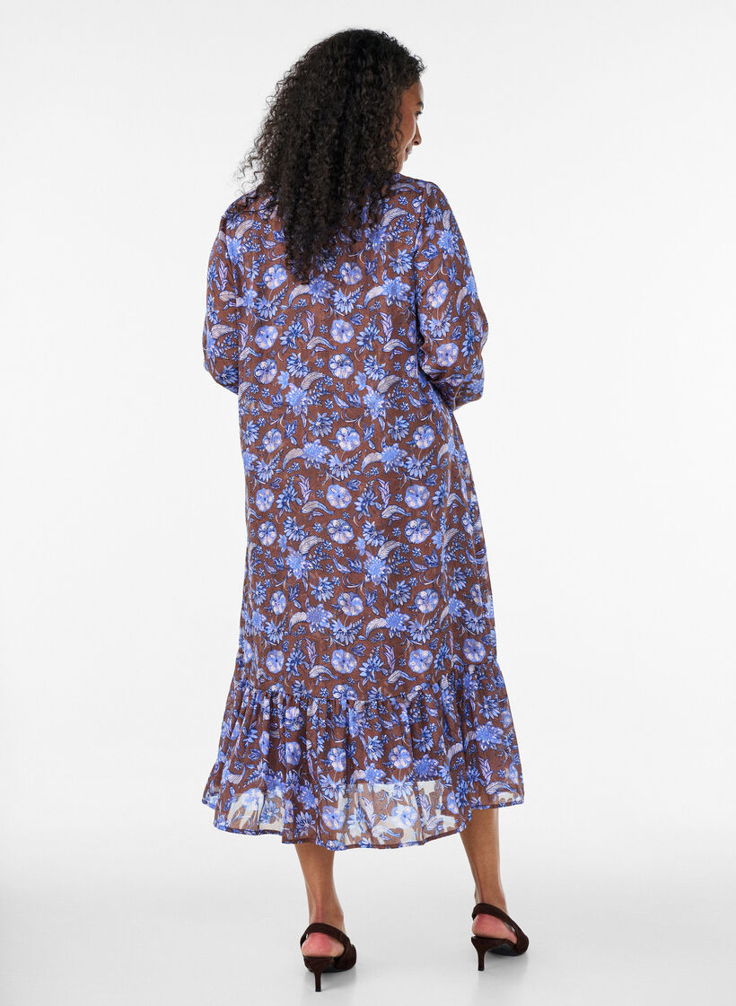 Robe midi &agrave; imprim&eacute; floral avec ourlet &agrave; volants, Marron, Model image number 1