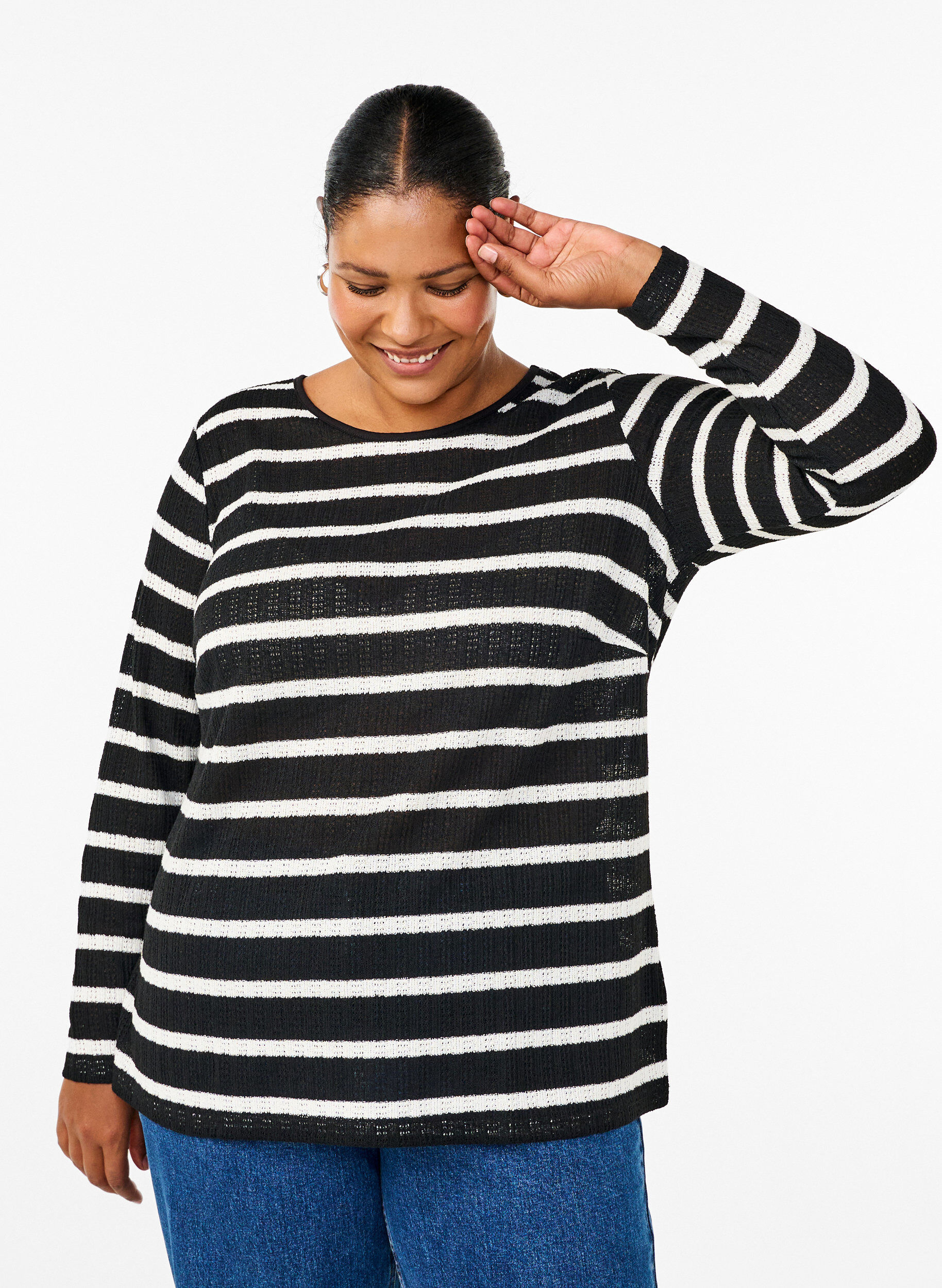Zizzi Bluse mit Streifen und langen &Auml;rmeln, Black Sand Stripe, Model image number 0