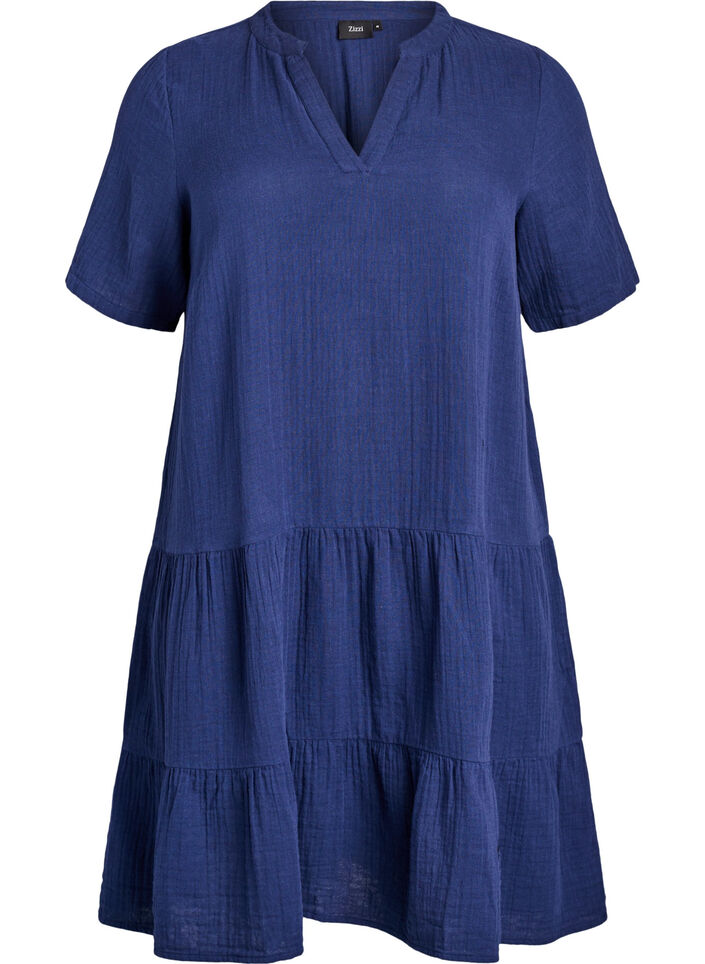 Kurzes A-Linien-Kleid aus Baumwollmusselin, Blau, Packshot image number 0