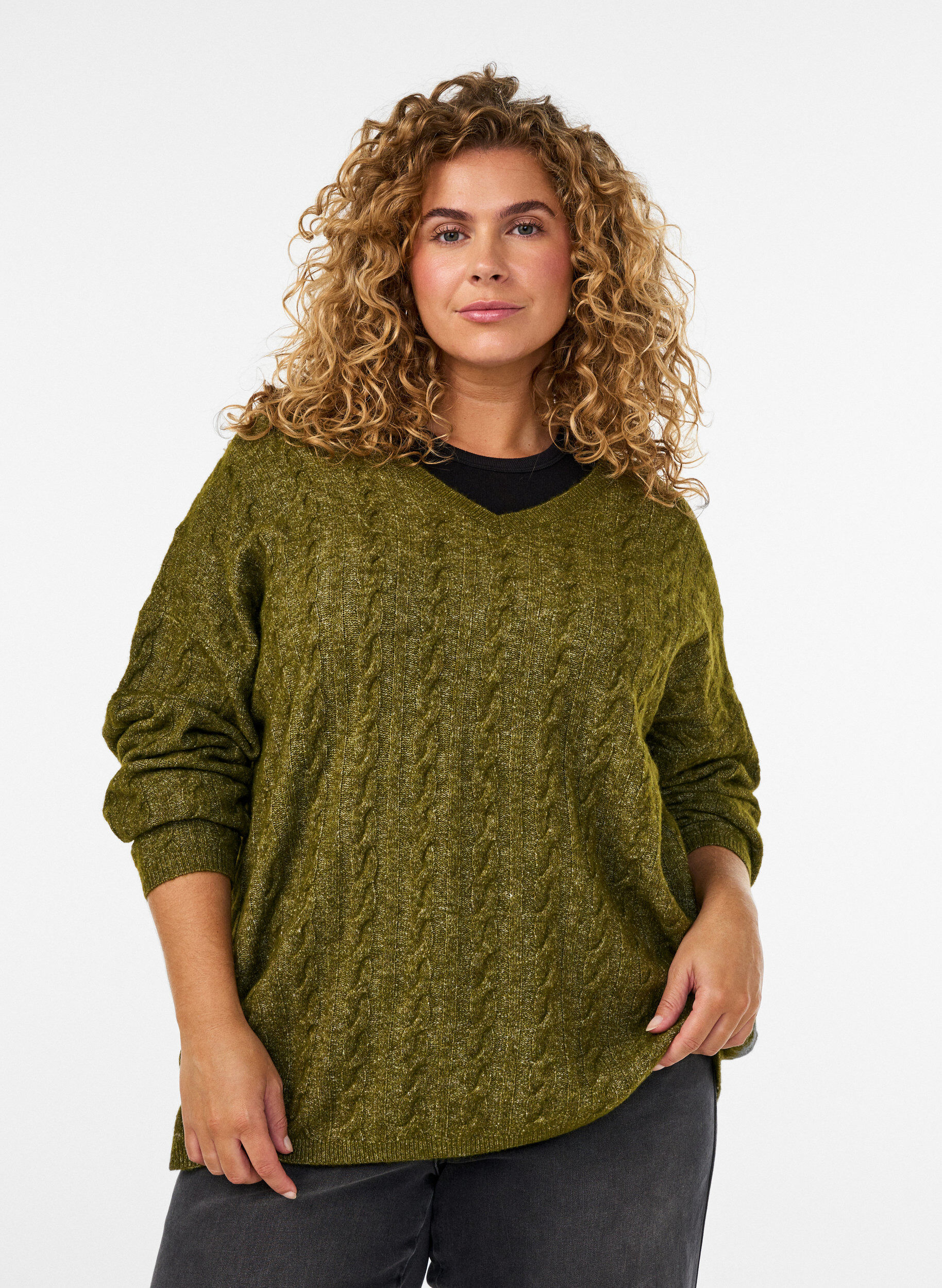 ZizziBlouse en maille torsad&eacute;e avec col en V, Vert, Model image number 0