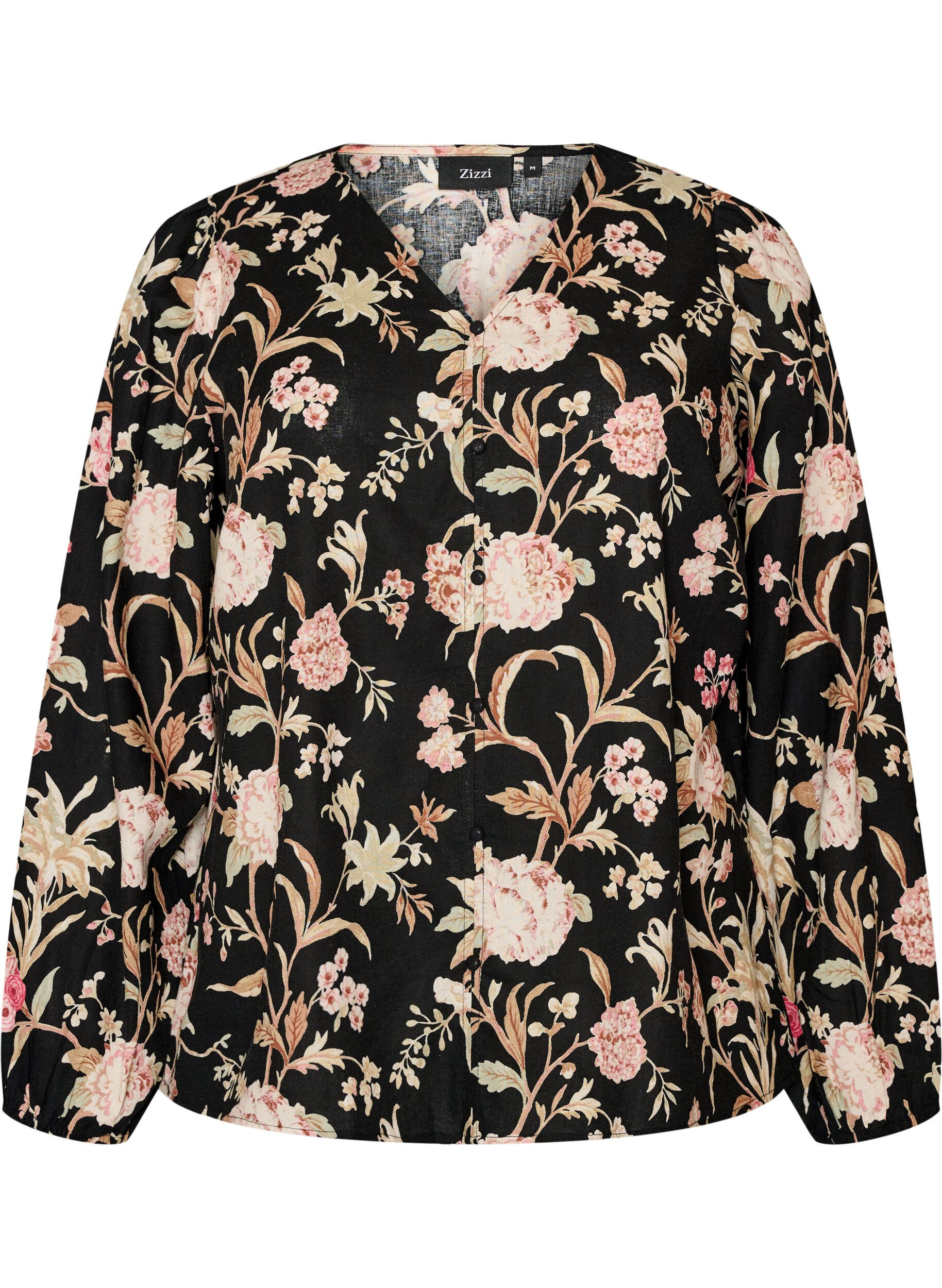 ZizziGebl&uuml;mte Bluse aus Leinen und Viskose mit langen &Auml;rmeln, Schwarz, Packshot image number 0