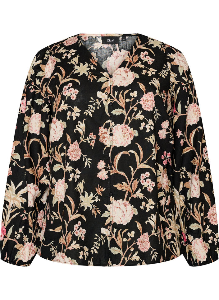 Gebl&uuml;mte Bluse aus Leinen und Viskose mit langen &Auml;rmeln, Schwarz, Packshot image number 0
