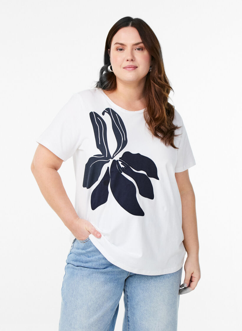 T-shirt en coton biologique avec imprimé floral, B. White w. EMB, Model image number 0