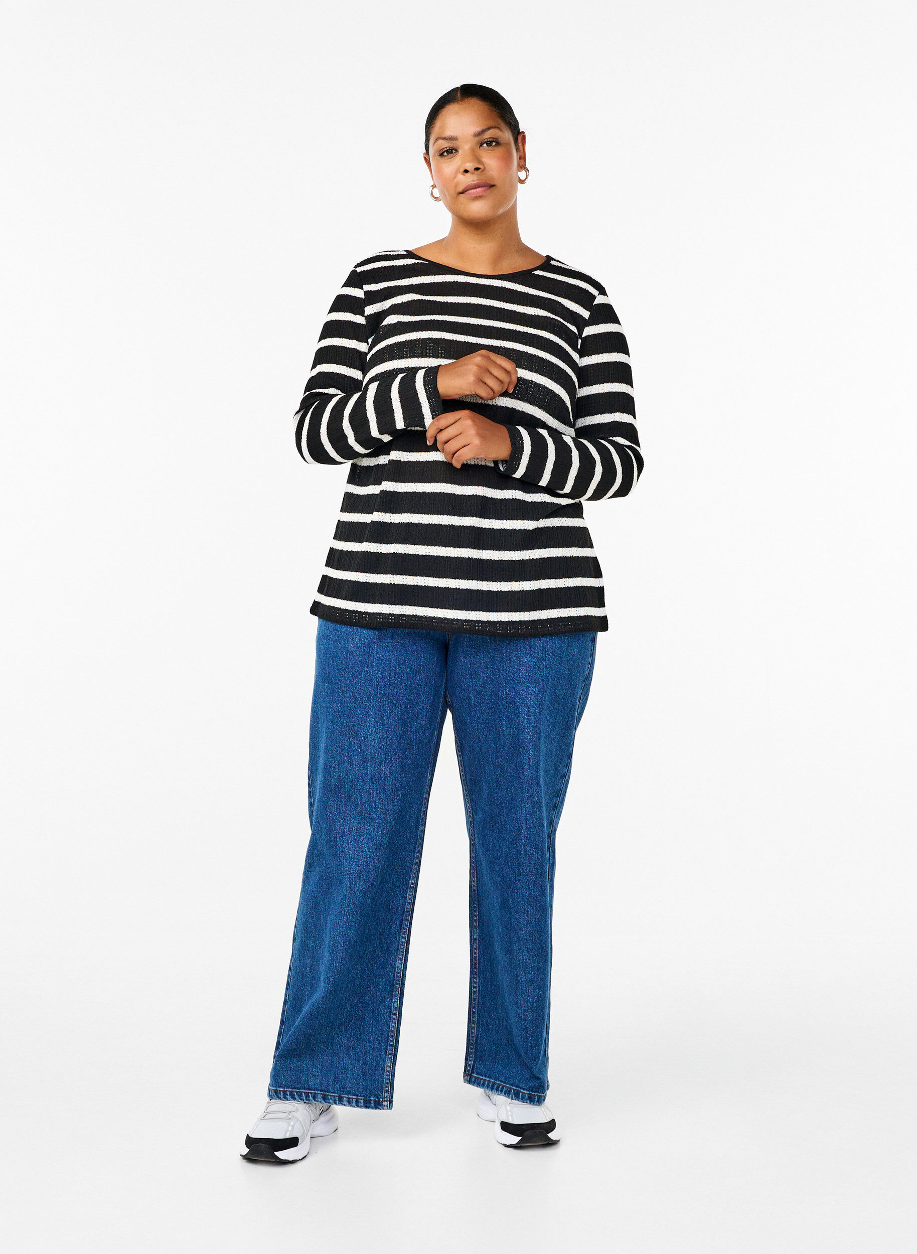 Zizzi Bluse mit Streifen und langen &Auml;rmeln, Black Sand Stripe, Model image number 2