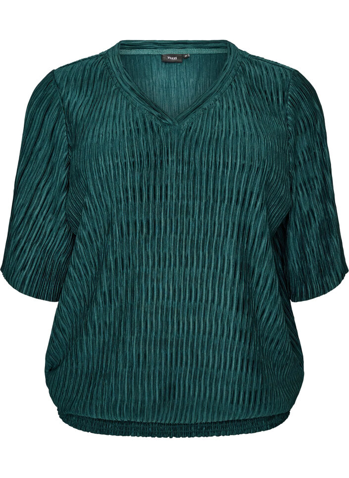 Blouse avec texture ondul&eacute;e et coupe ballon, Vert fonc&eacute;, Packshot image number 0