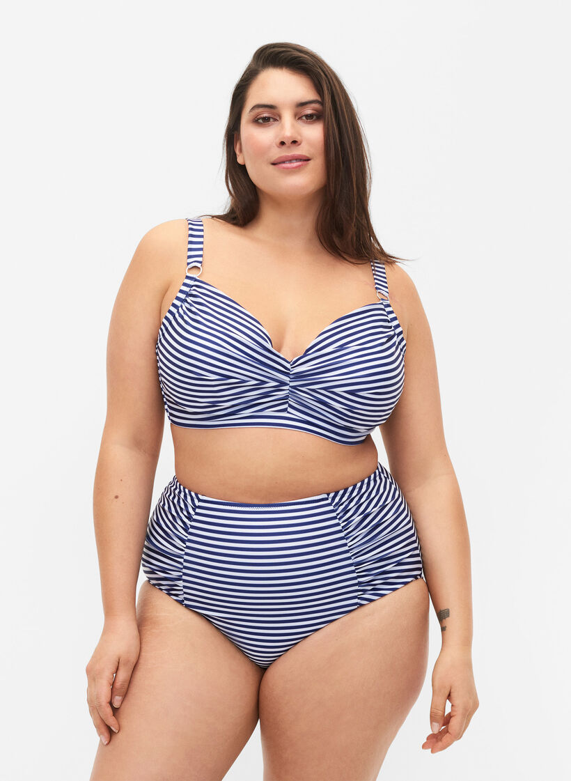 Bikini-Unterteil mit Streifen und hoher Taille, Blau, Model image number 0