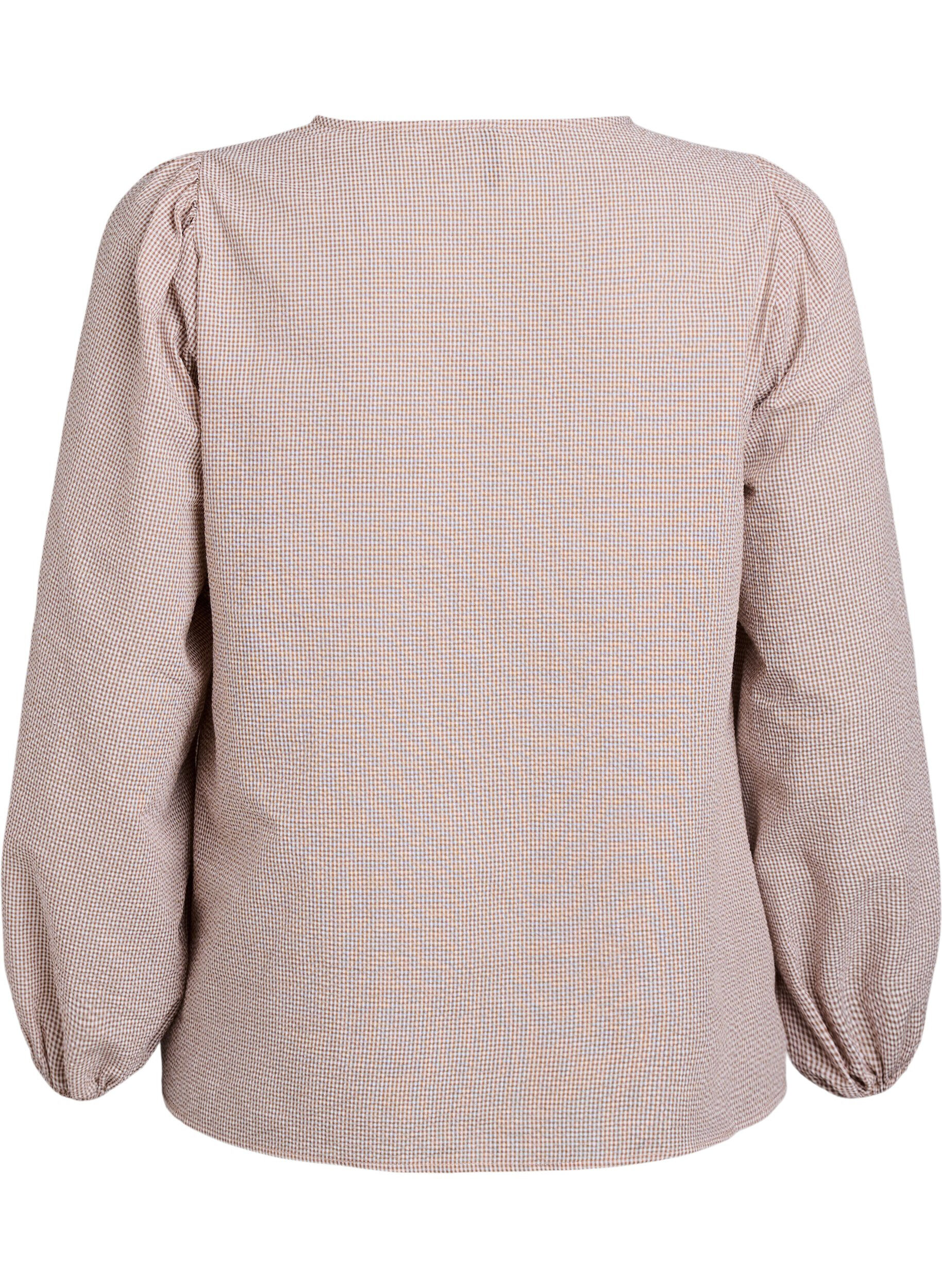 Zizzi Blouse &agrave; col en V et &agrave; petits carreaux, Beige, Packshot image number 1