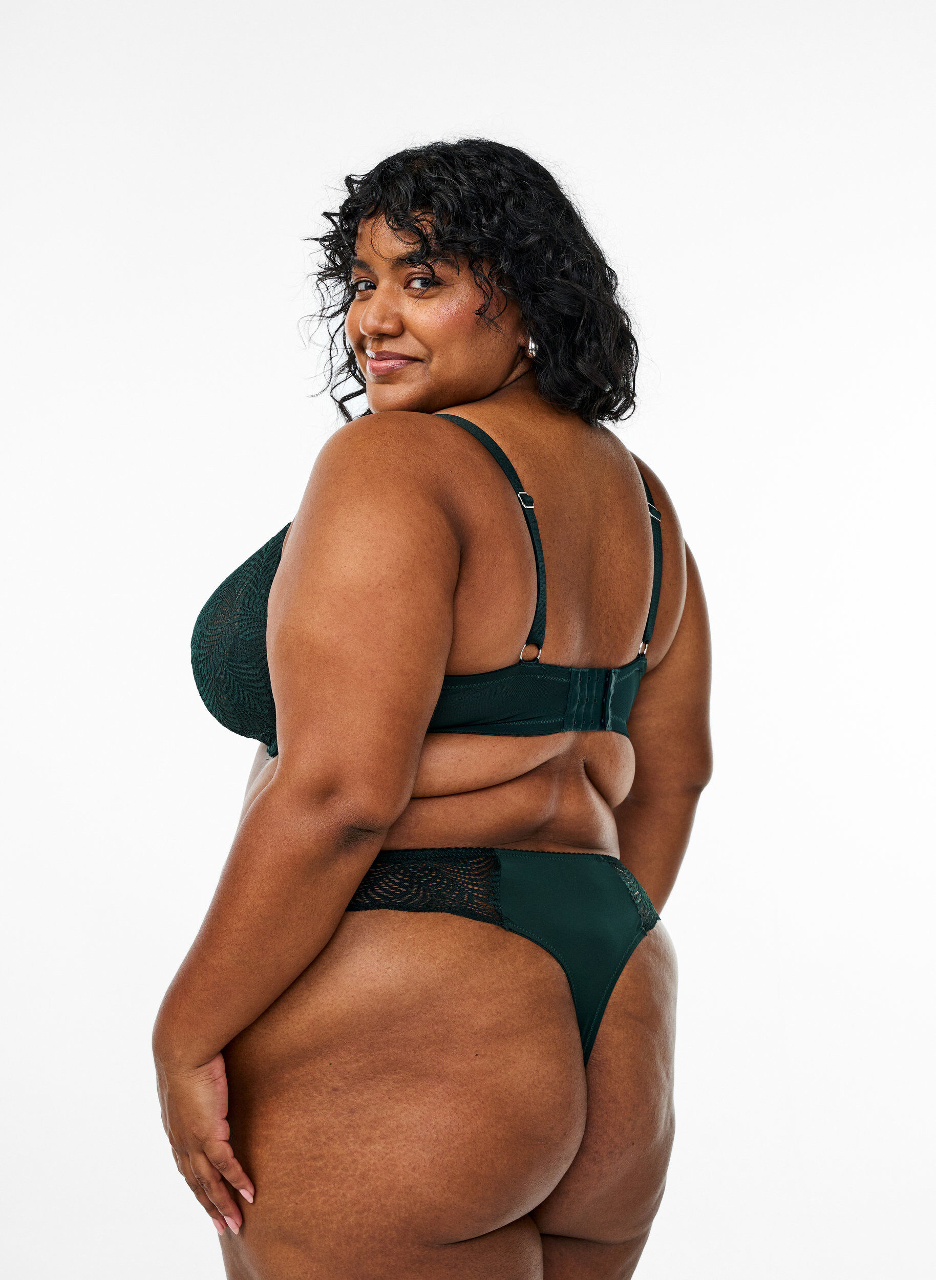 Zizzi String en microfibre avec d&eacute;tails en dentelle, Vert fonc&eacute;, Model image number 1