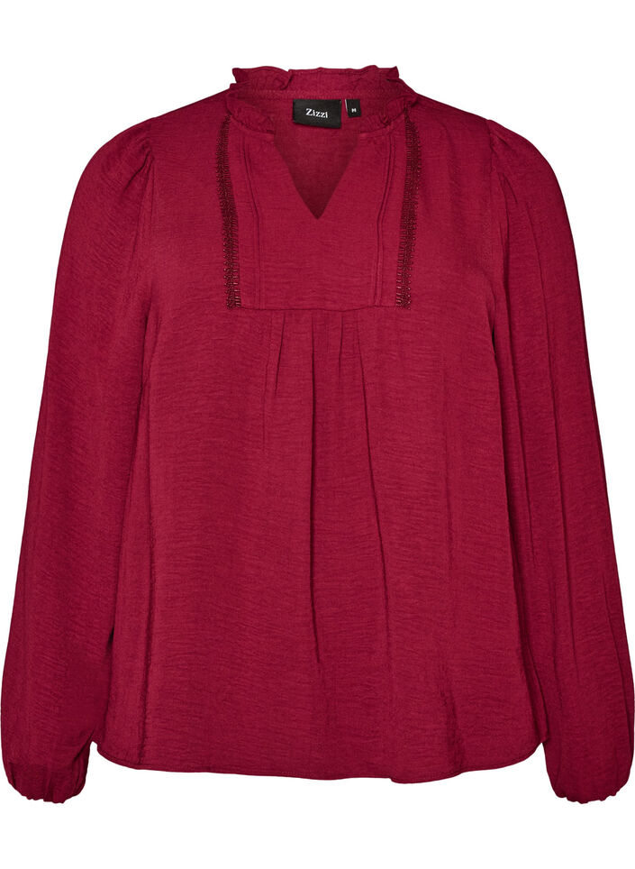 Blouse avec col en V et bande en crochet, Rouge, Packshot image number 0