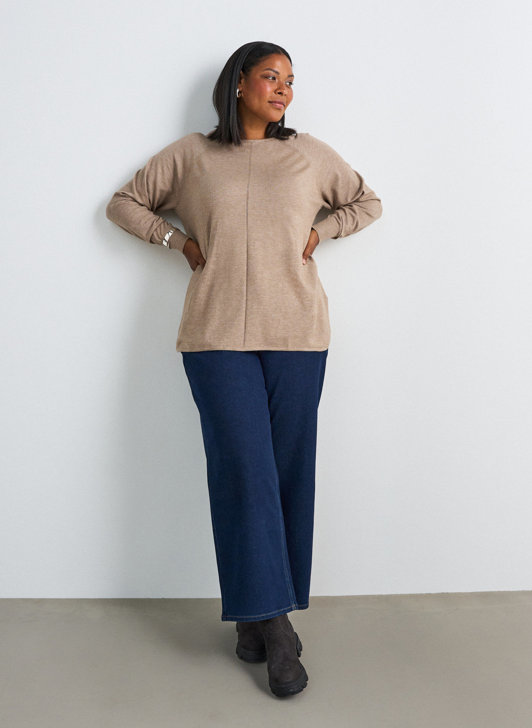 ZizziChemisier en tricot avec col rond et motif tricot, Beige, Model image number 1