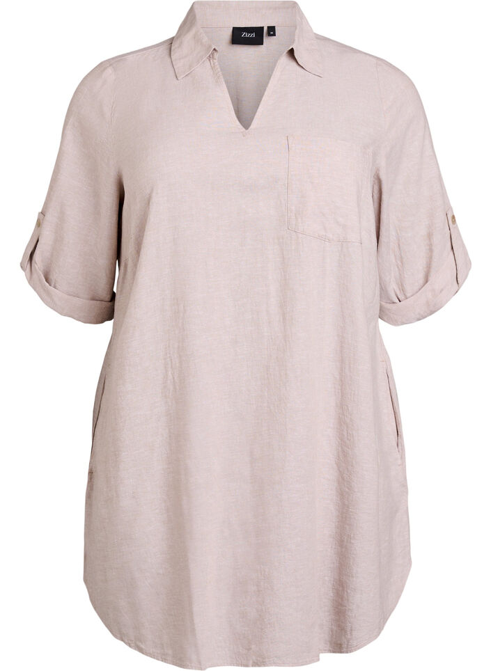 Tunique coupe trap&egrave;ze en lin et viscose, Beige, Packshot image number 0