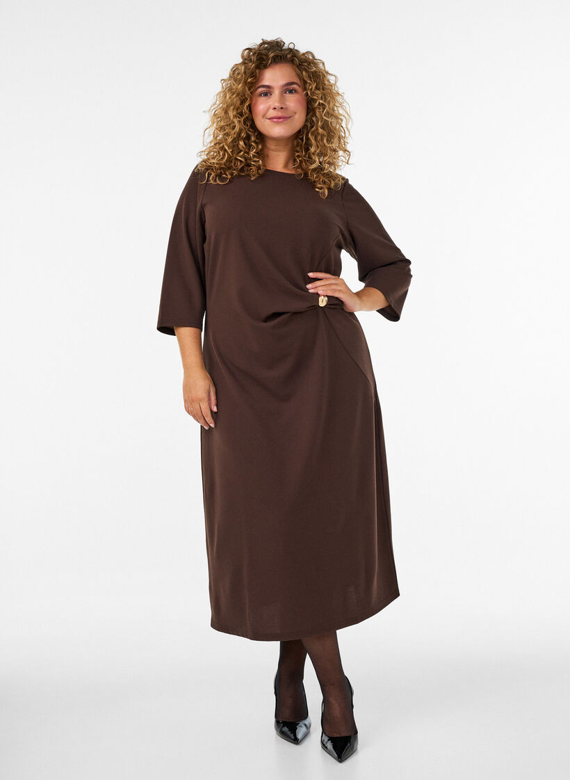 Robe en jersey avec drap&eacute; et boucle d&eacute;corative, Marron, Model image number 0