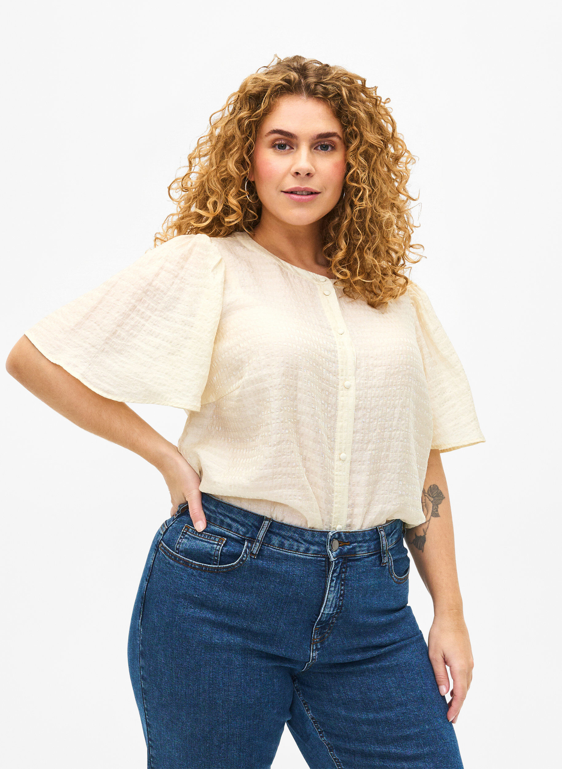 Zizzi Lyocell-Hemdbluse mit Textur, Antique White, Model image number 0