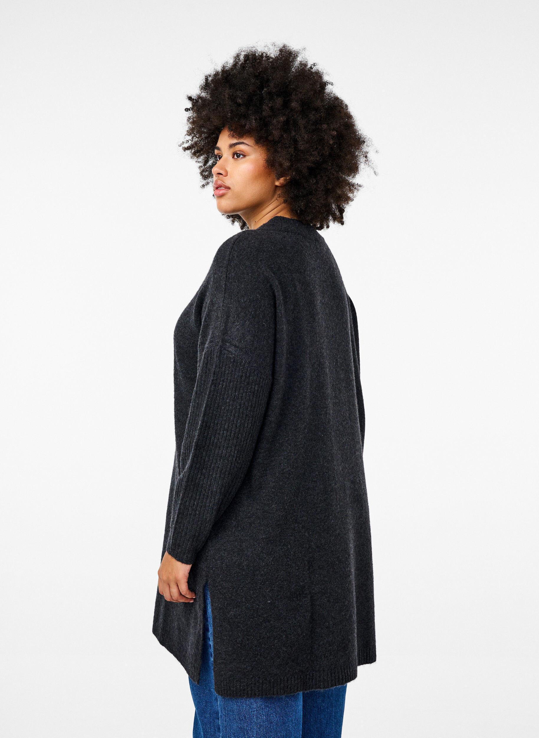 Zizzi Lange Strickbluse mit langen &Auml;rmeln, Dark Grey Melange, Model image number 1