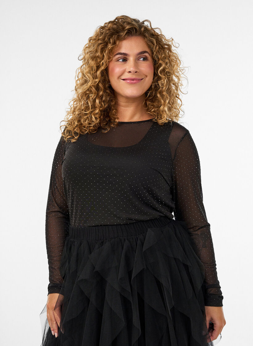 Blouse en maille transparente avec strass, Noir, Model image number 0