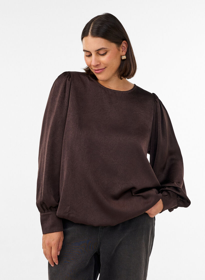 Blouse aspect satin&eacute; avec coupe ballon, Marron, Model image number 0