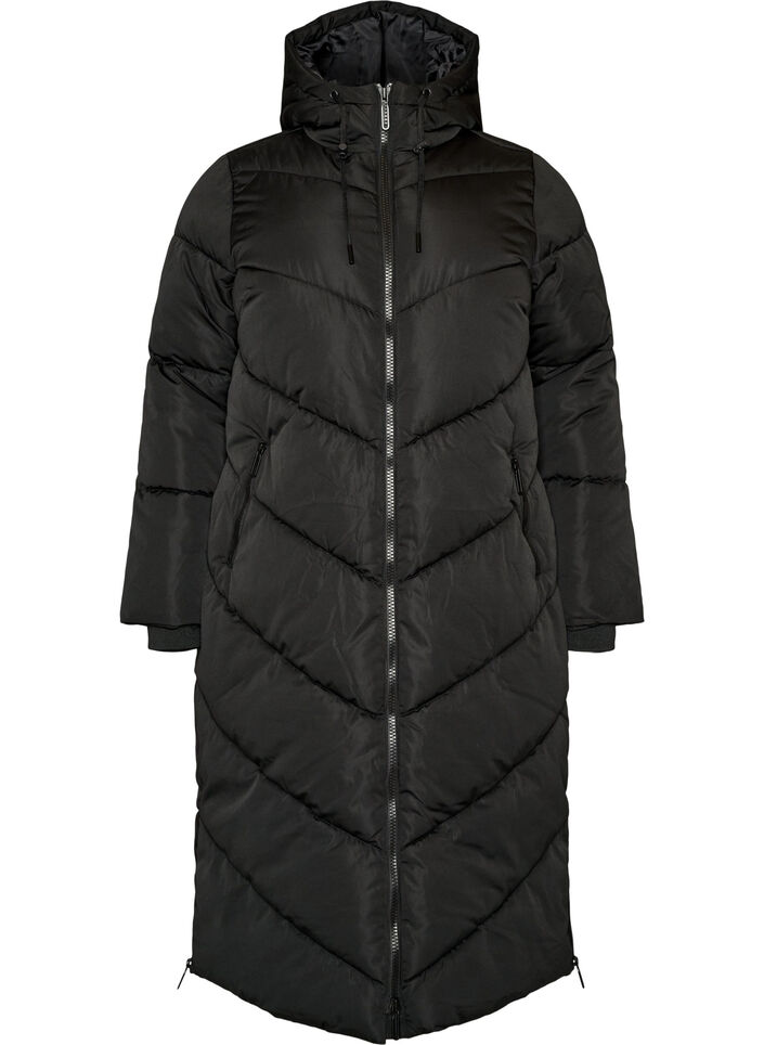 Langer Puffermantel mit Kapuze und Taschen, Schwarz, Packshot image number 0