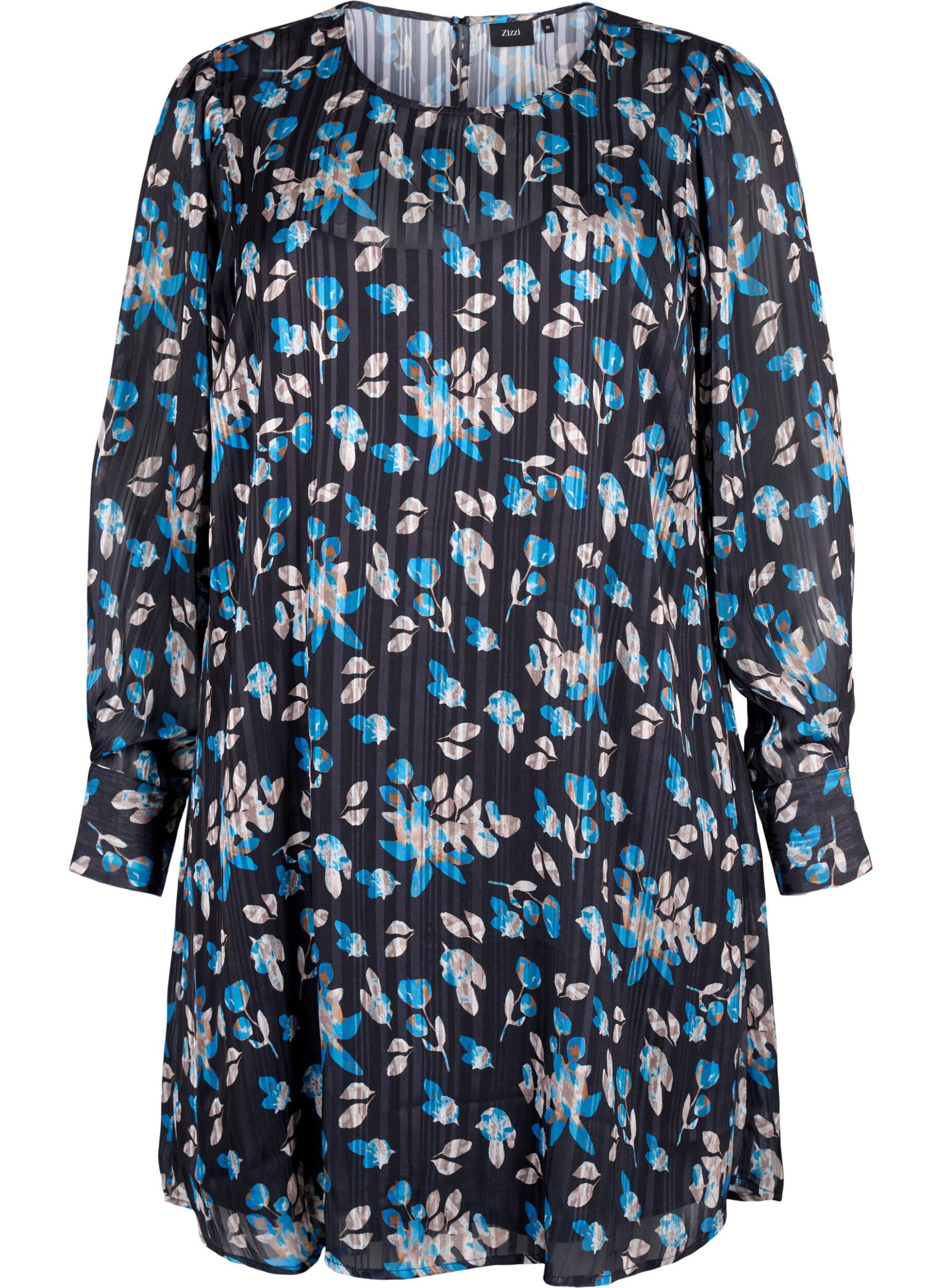 Zizzi Kurzkleid mit Print und Rundhalsausschnitt, Black Blue Fl. AOP, Packshot image number 0