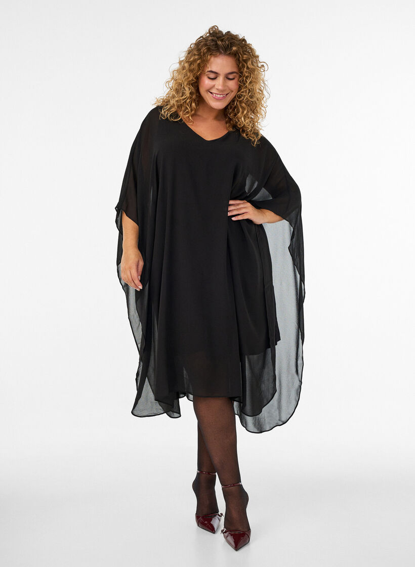 Kurzes Chiffonkleid mit V-Ausschnitt, Schwarz, Model image number 0