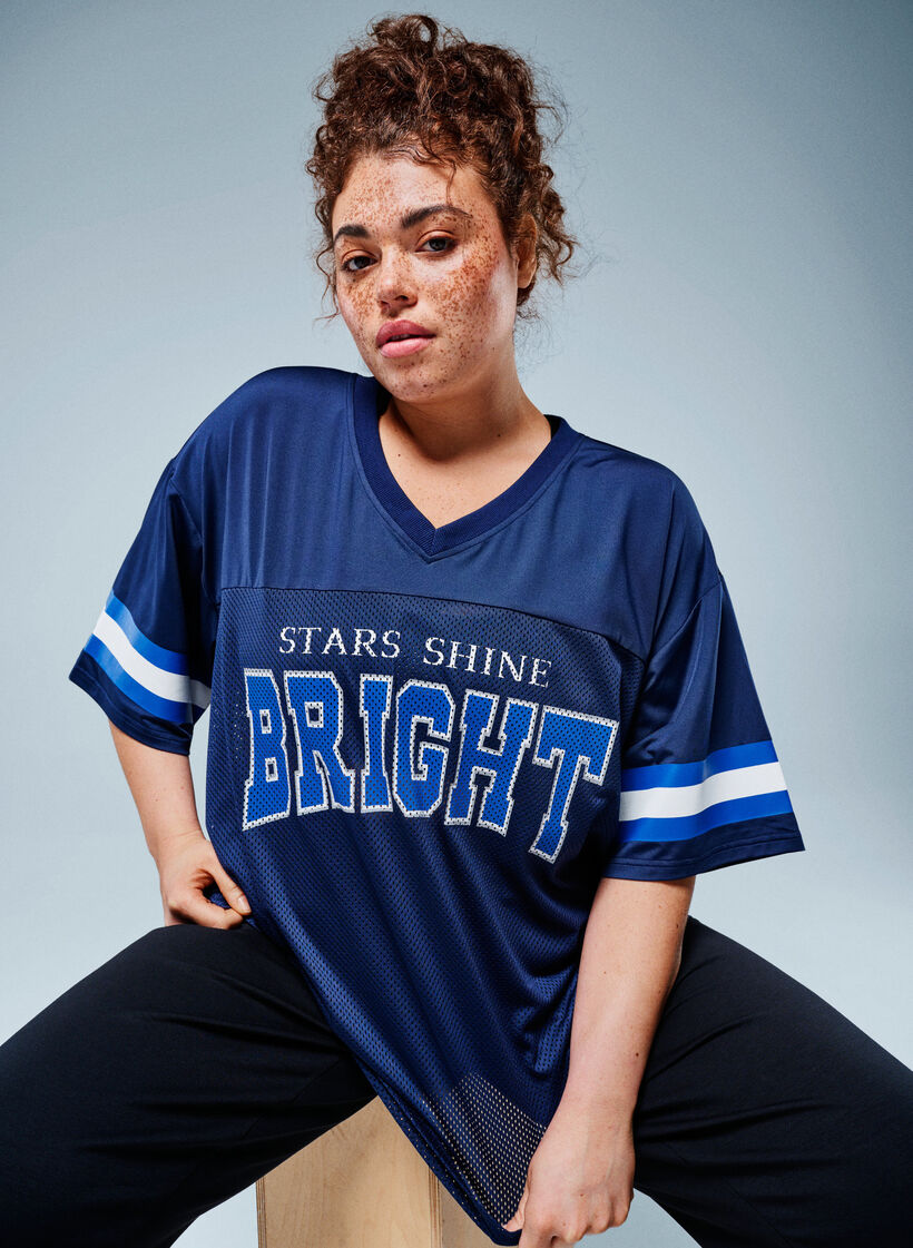 Trainingsshirt mit V-Ausschnitt und Frontprint, Blau, Image image number 0