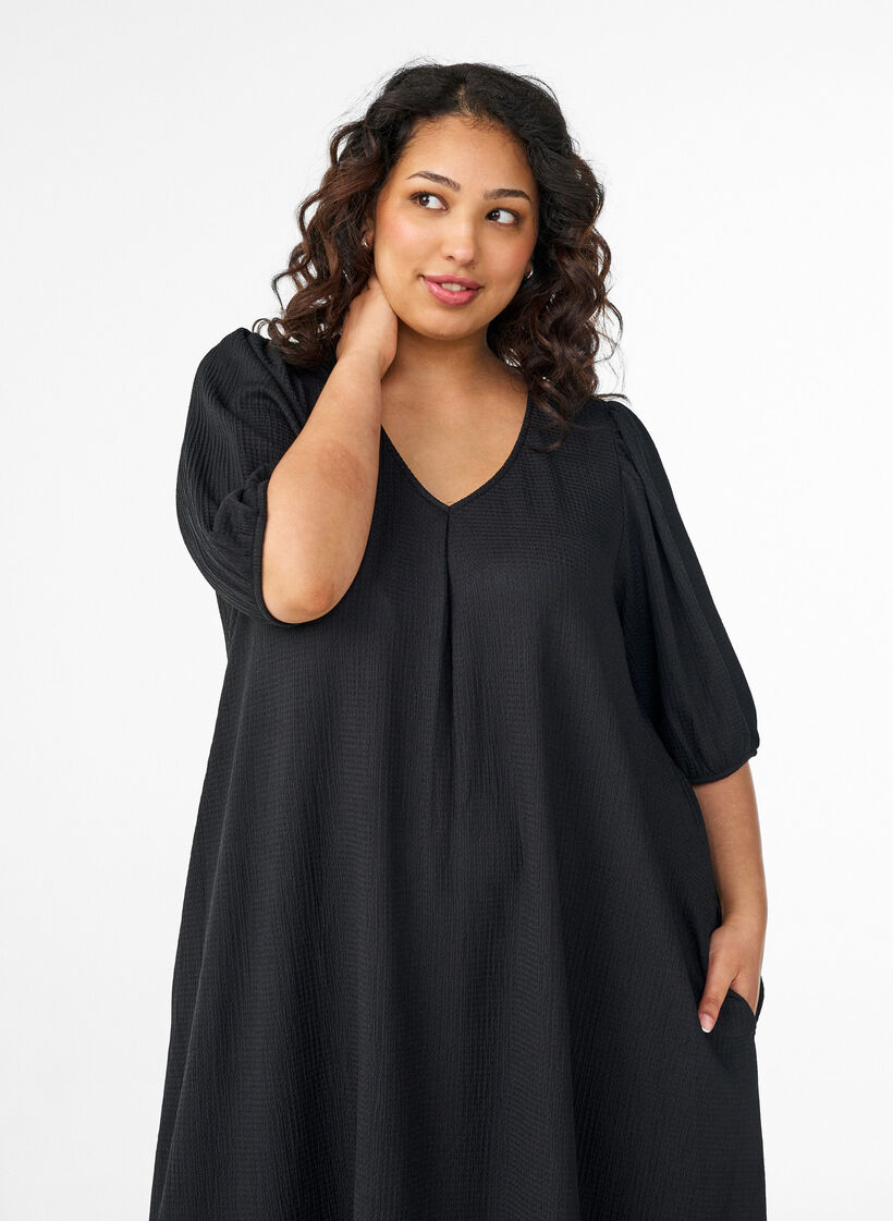 Midikleid mit V-Ausschnitt und Struktur, Schwarz, Model image number 2