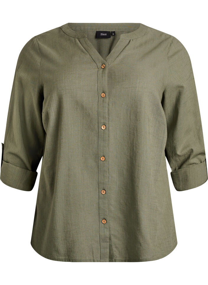 Hemdbluse aus Baumwolle mit V-Ausschnitt, Gr&uuml;n, Packshot image number 0