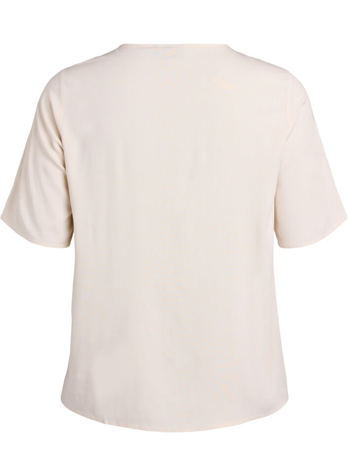 Kurz&auml;rmelige, gewebte Bluse mit Rundhals, Beige, Packshot image number 1
