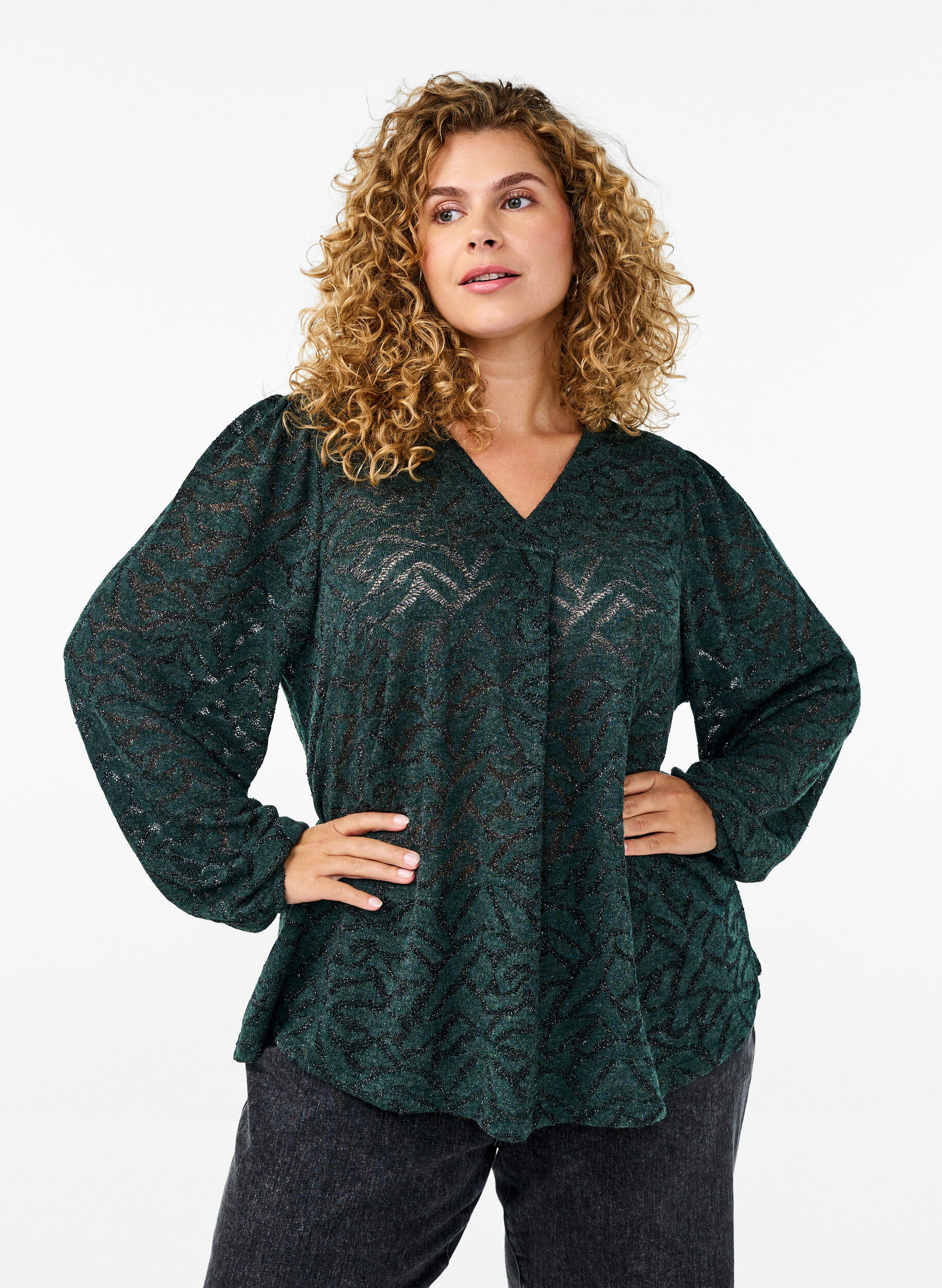 Zizzi Lang&auml;rmlige Bluse mit Glitzer und Muster, Gr&uuml;n, Model image number 0