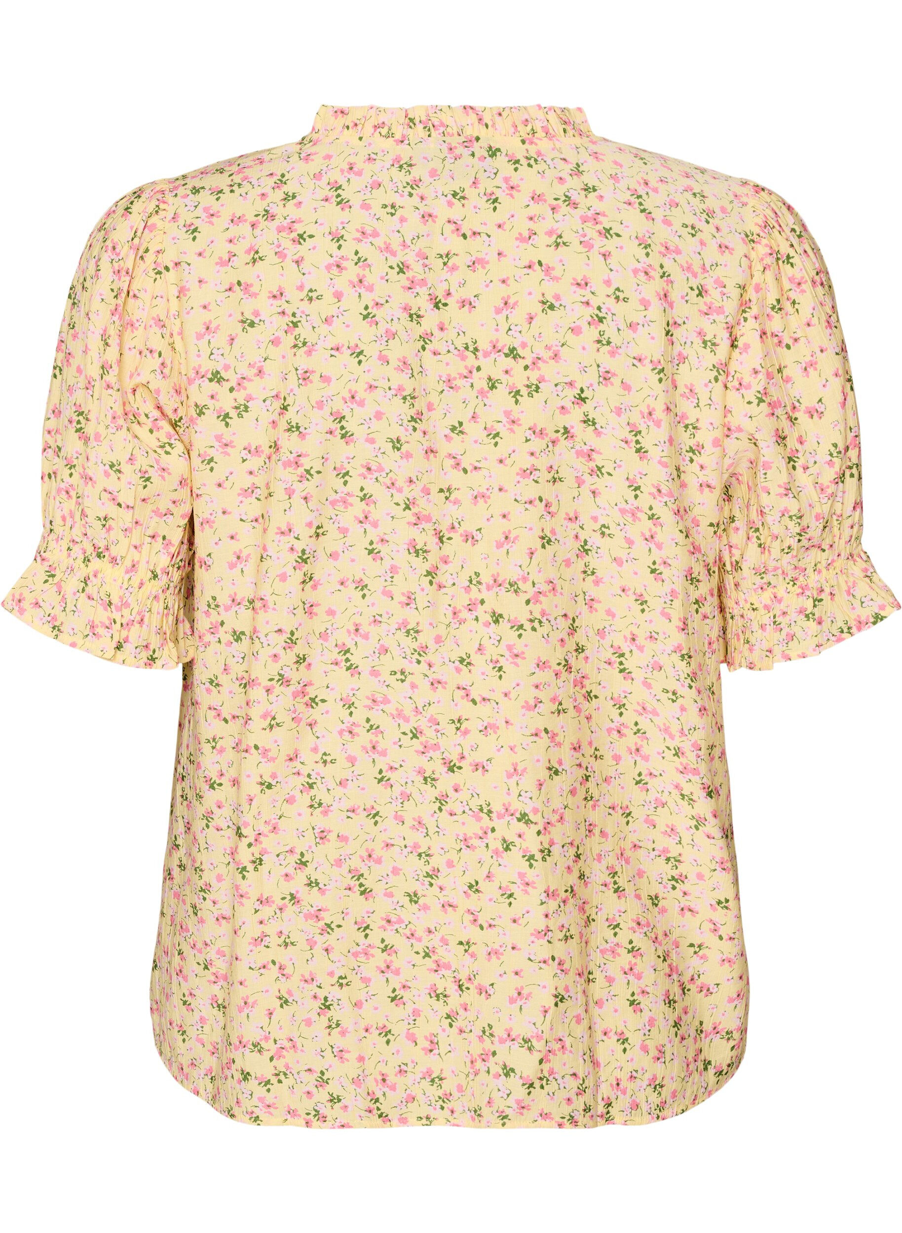 ZizziBlouse fleurie en viscose &agrave; manches courtes et col &agrave; volants, Jaune, Packshot image number 1