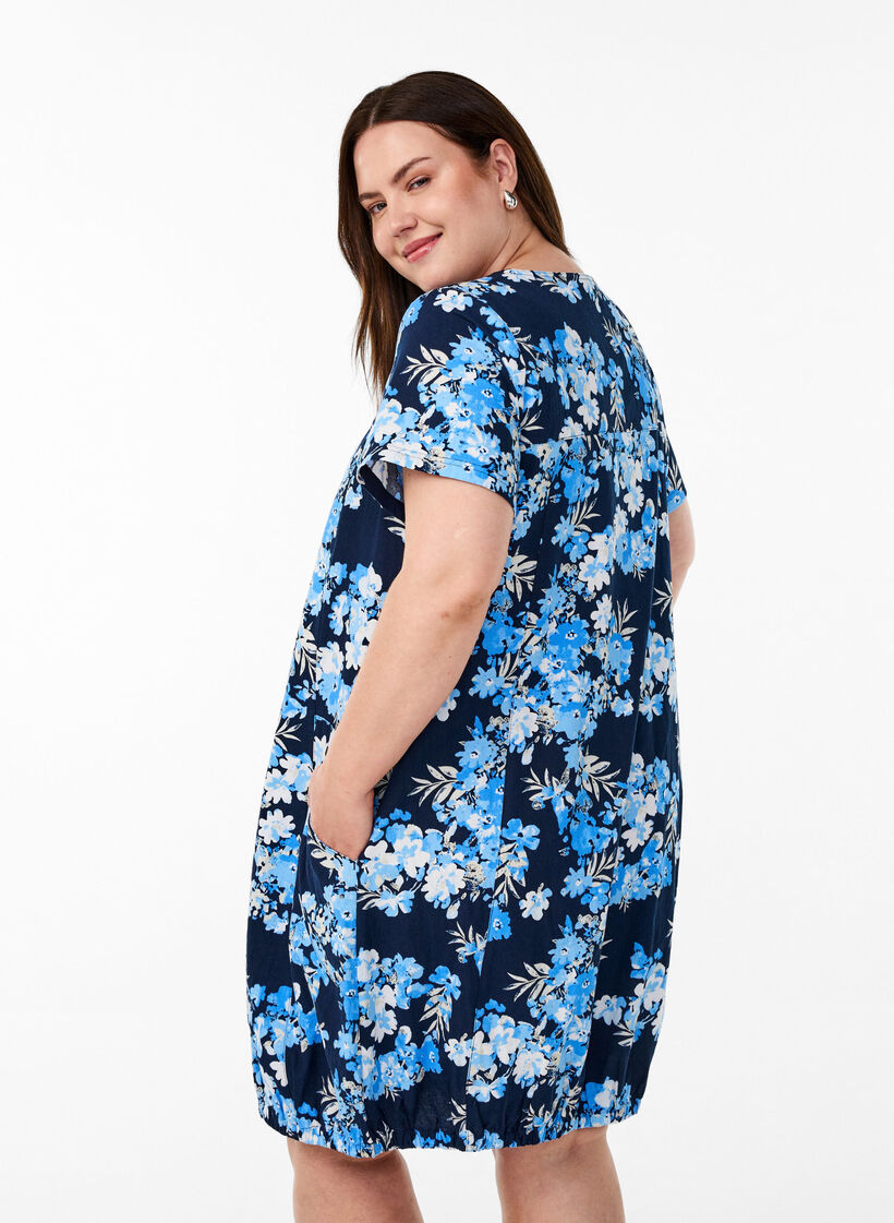 Robe en coton à manches courtes avec imprimé, Bleu, Model image number 2