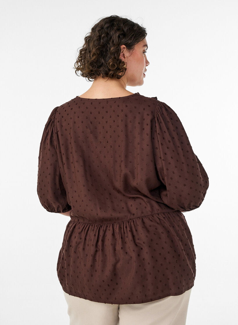 Blouse en viscose avec texture &agrave; pois et col V, Marron, Model image number 2