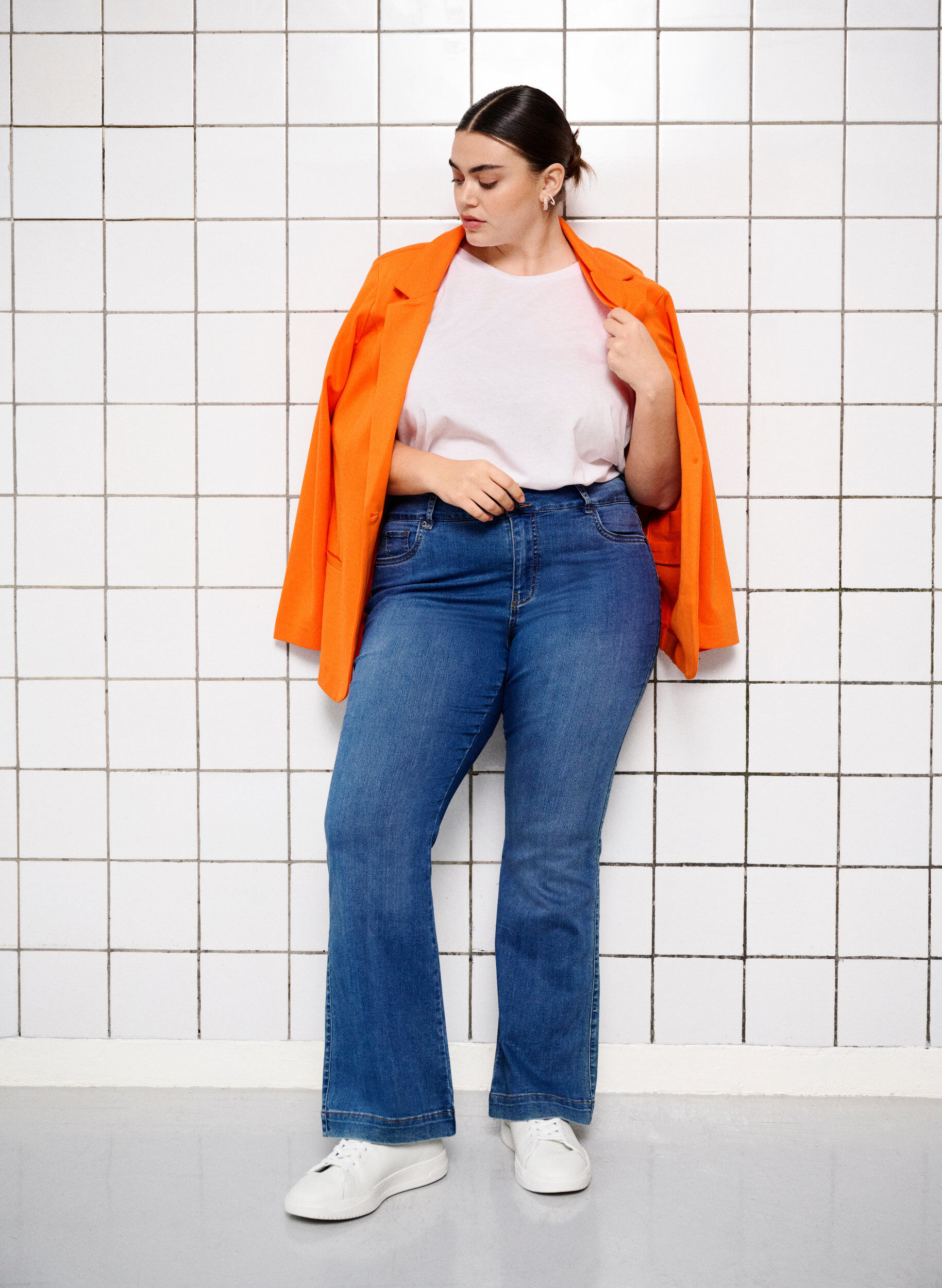 Zizzi Blazer simple avec bouton et poches d&eacute;coratives, Mandarin Orange, Image image number 1