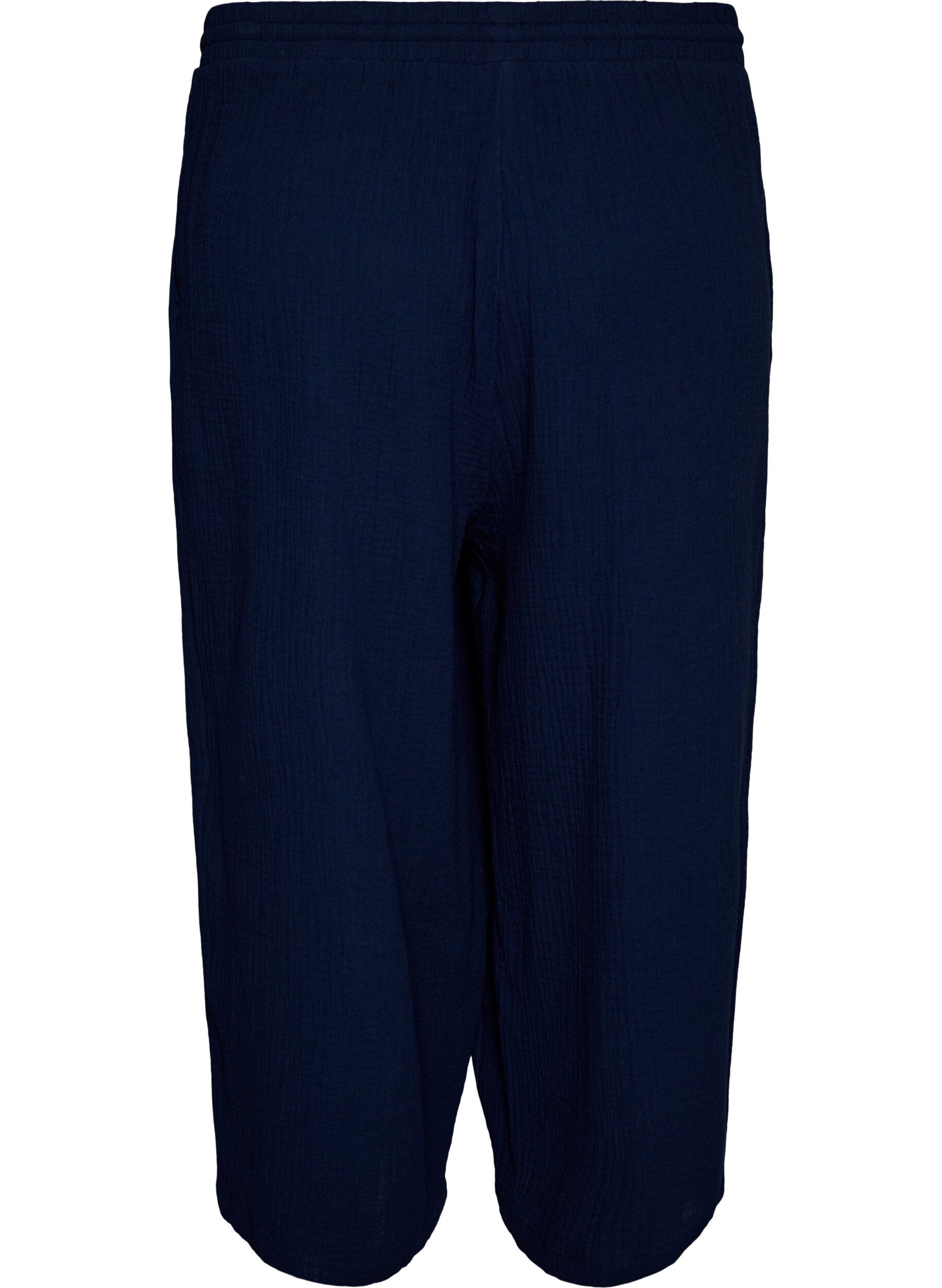 Zizzi Pantalon culotte en mousseline de coton avec taille haute, Bleu, Packshot image number 1