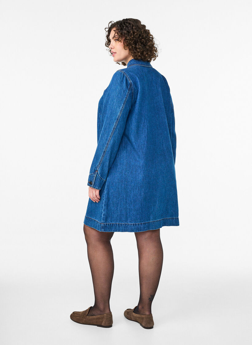 Robe courte en jean avec détail zippé et col, Bleu, Model image number 2