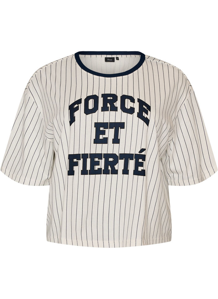 T-shirt boxy &agrave; rayures avec imprim&eacute; statement, Blanc, Packshot image number 0