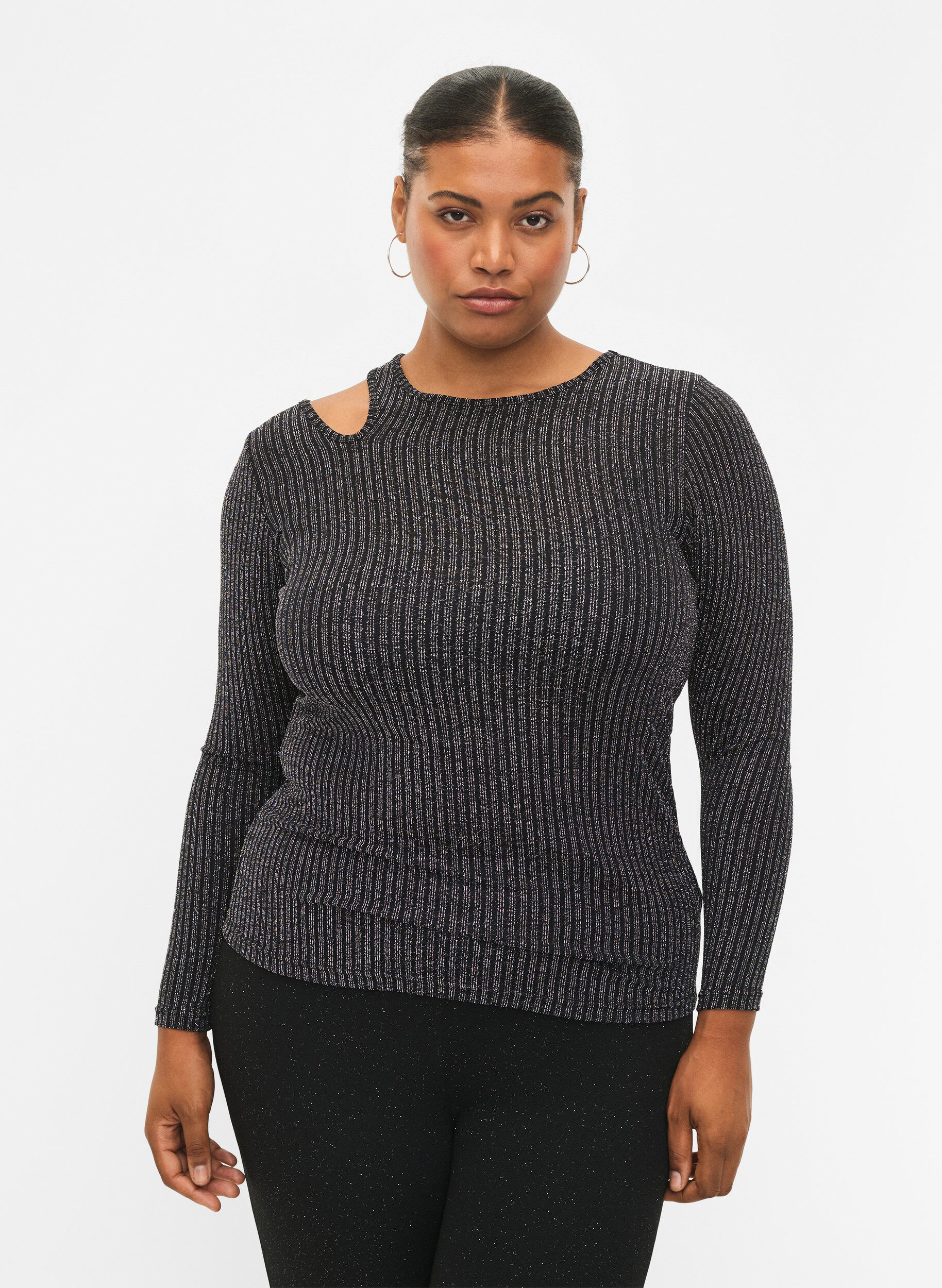 Zizzi Lang&auml;rmelige Bluse mit Glitzerausschnitt, B. w. Silver Stripes, Model image number 0