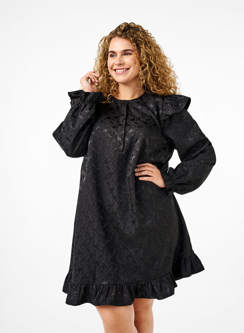 Robe en jacquard avec des manches longues et des détails à volants, Noir, Model image number 0
