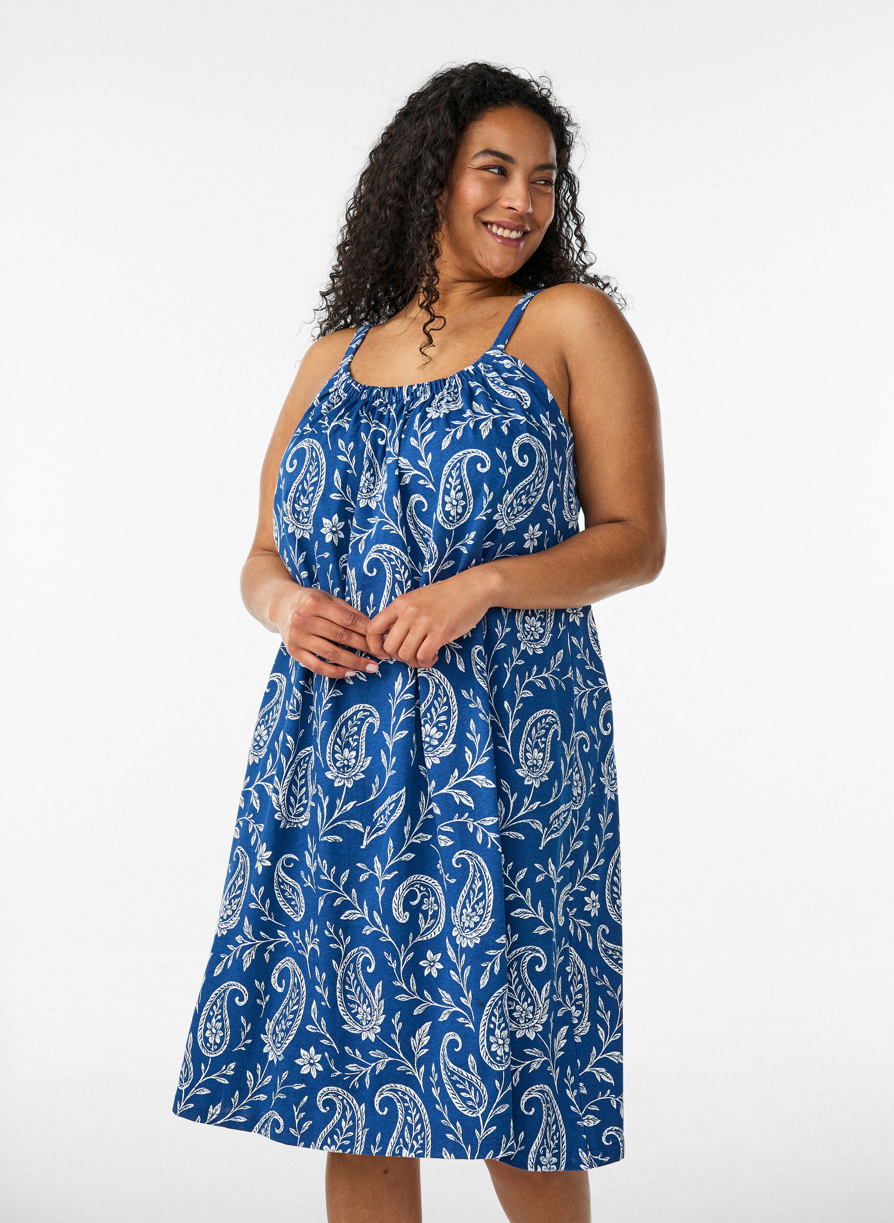 ZizziMidi-Tr&auml;gerkleid aus Bio-Baumwolle, Blau, Model image number 0