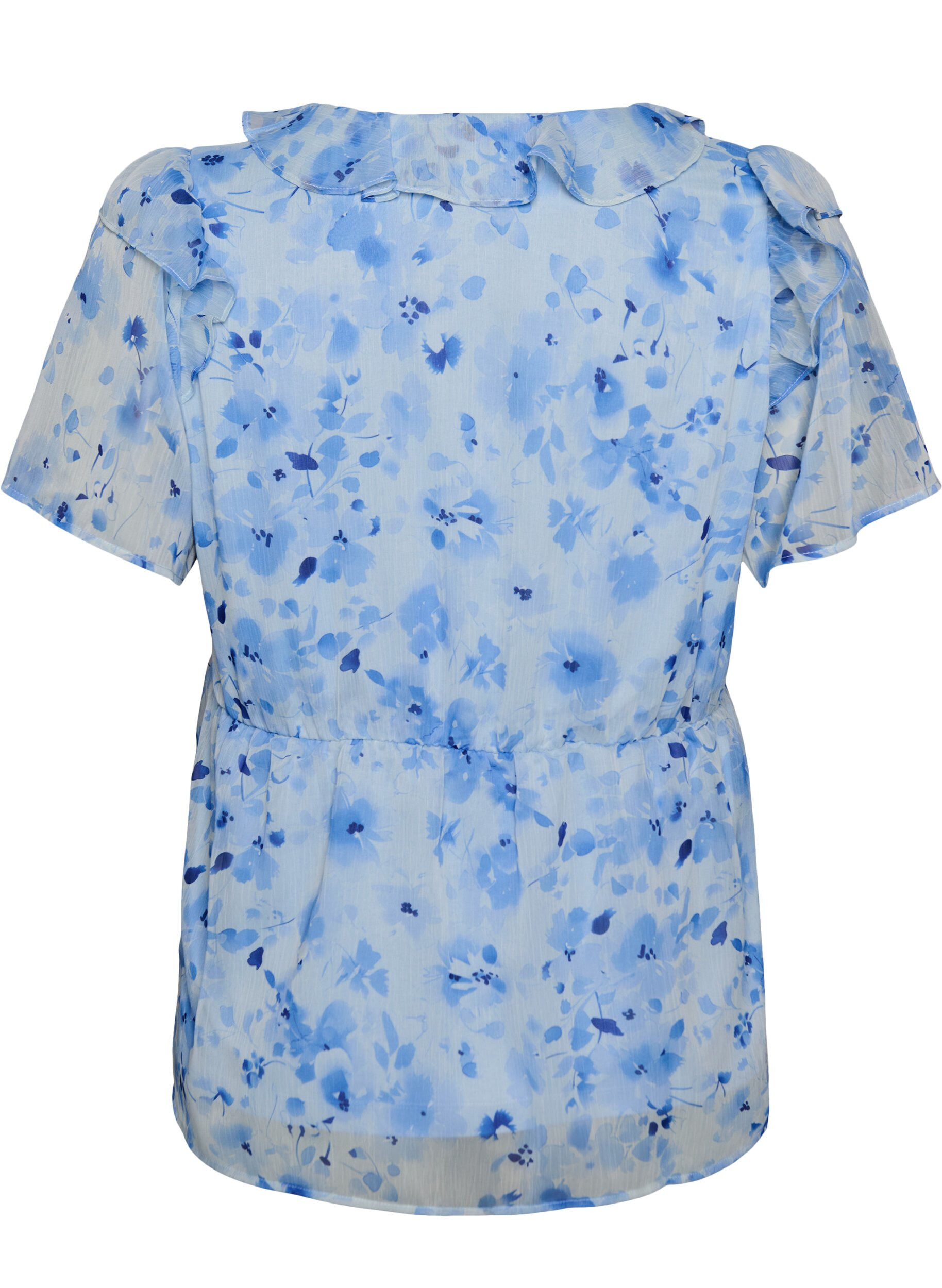 Zizzi Gebl&uuml;mte Bluse mit R&uuml;schenkragen und Peplum-Effekt, Blau, Packshot image number 1
