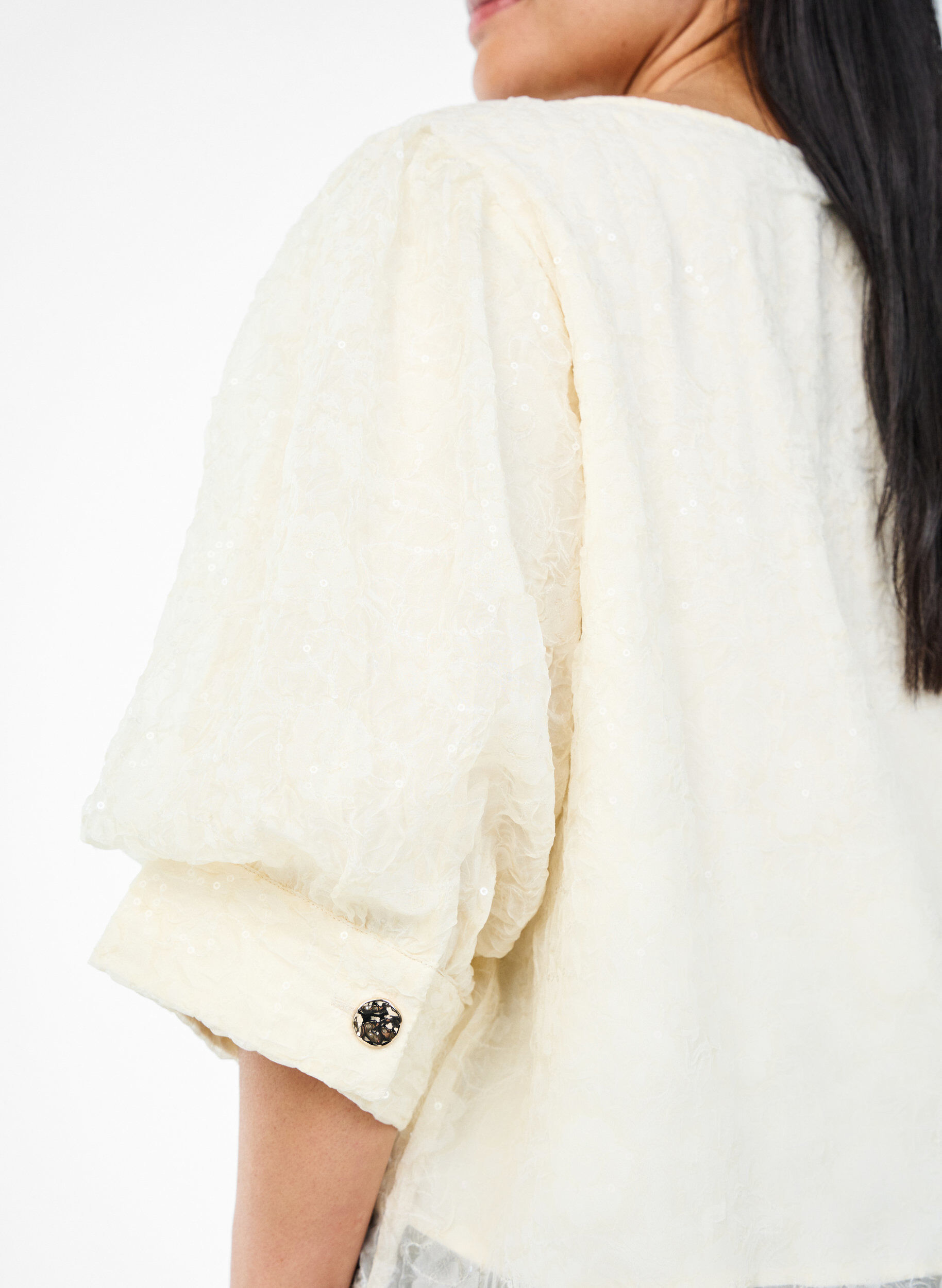 Zizzi Chemisier de f&ecirc;te avec sequins et manches 1/2, Vanille, Model image number 3