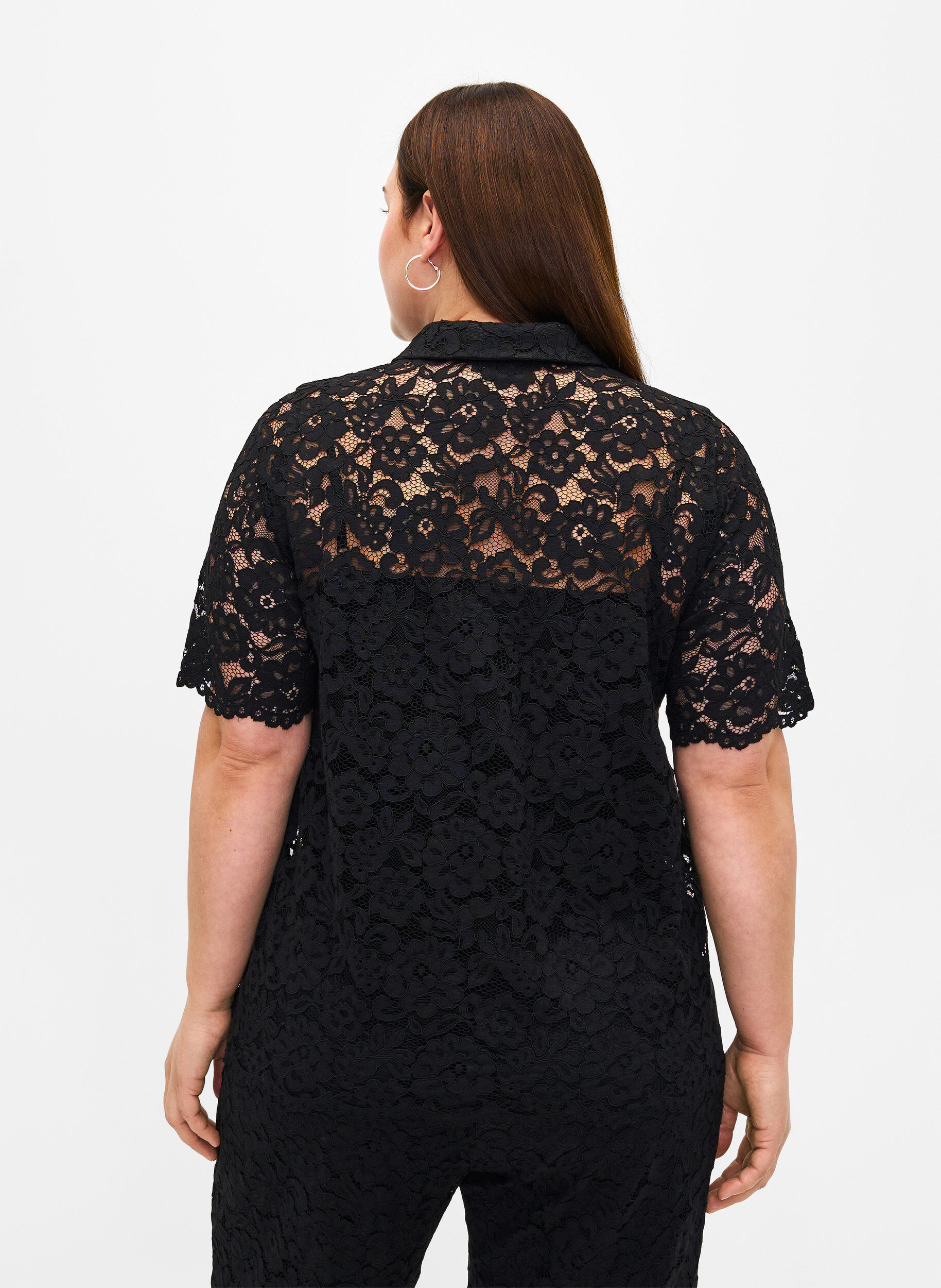 Zizzi Spitzenshirt mit kurzen &Auml;rmeln, Black, Model image number 1