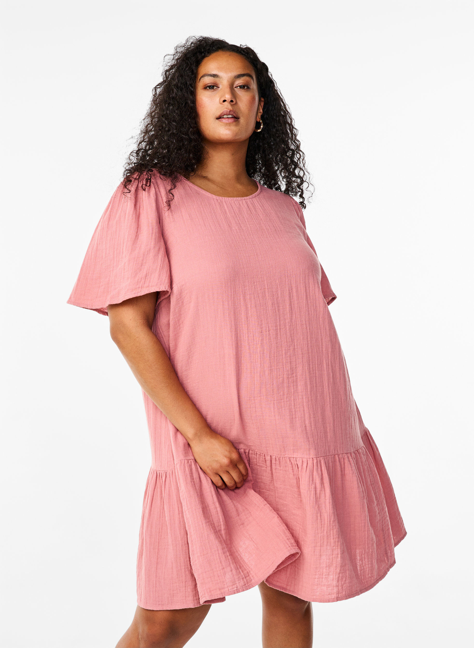 Zizzi Kurz&auml;rmliges Kleid aus Baumwolle mit A-Linien-Schnitt, Old Rose, Model image number 0