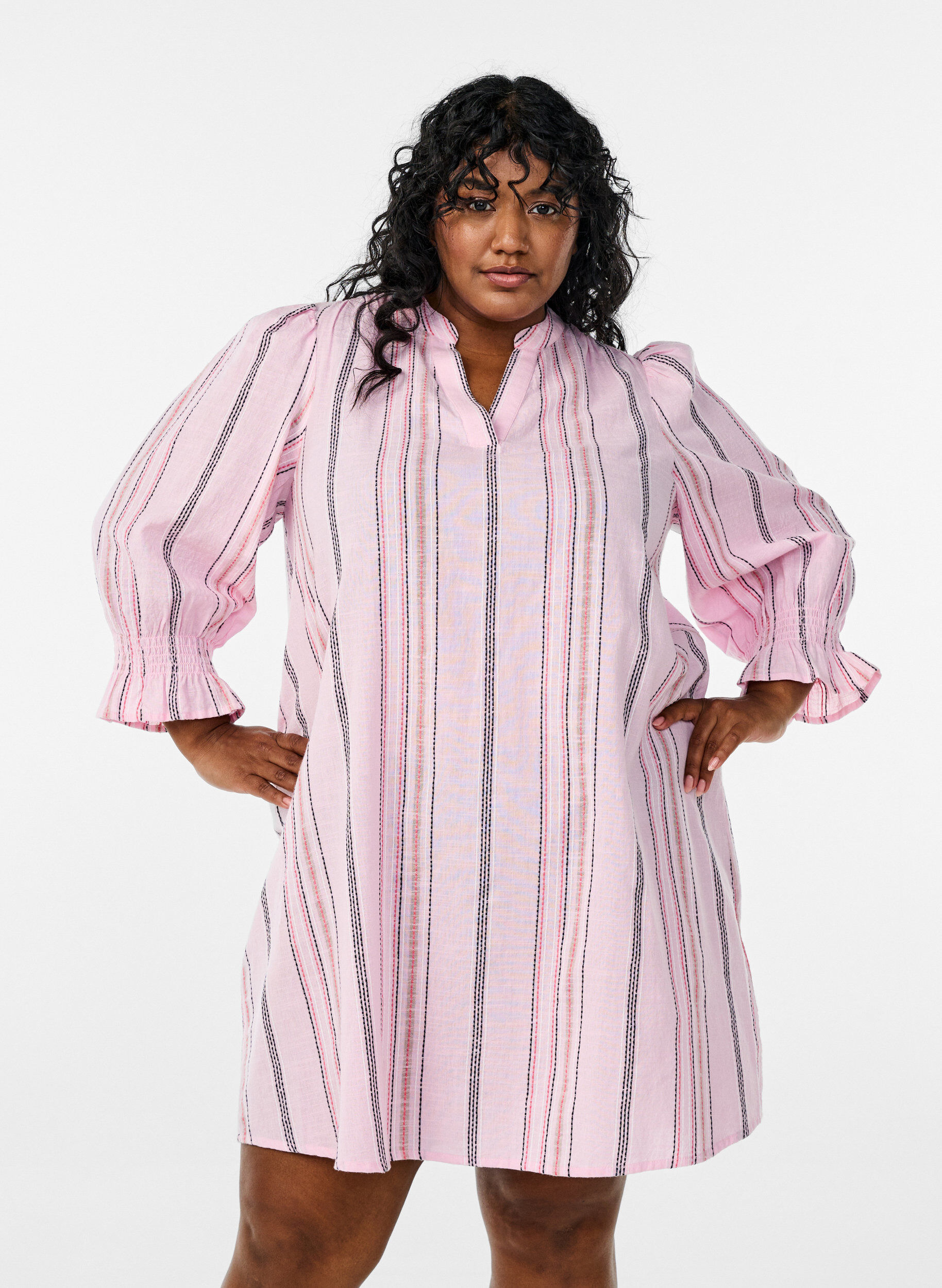 Zizzi Robe courte en coton &agrave; rayures, Rose, Model image number 0