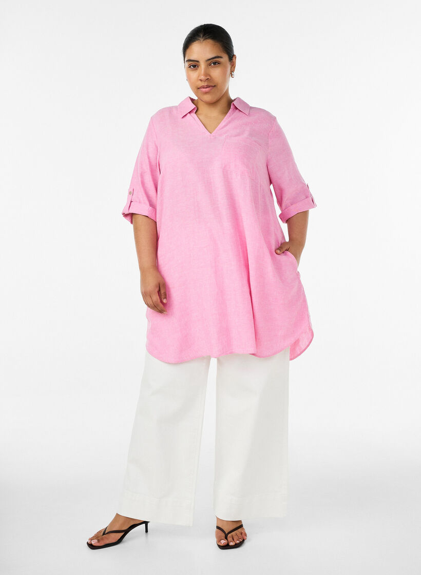 Linen and viscose tunic with A-shape, Pink, Model image number 1