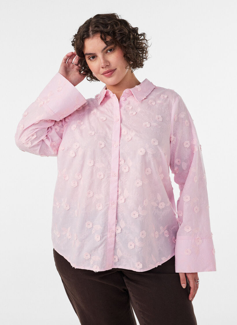 Hemd mit floraler Stickerei und weiten &Auml;rmeln, Pink, Model image number 0