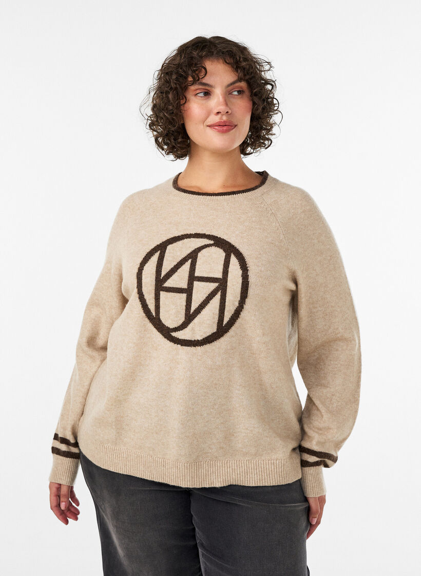 Pullover mit Logo und Kontraststreifen, Beige, Model image number 0
