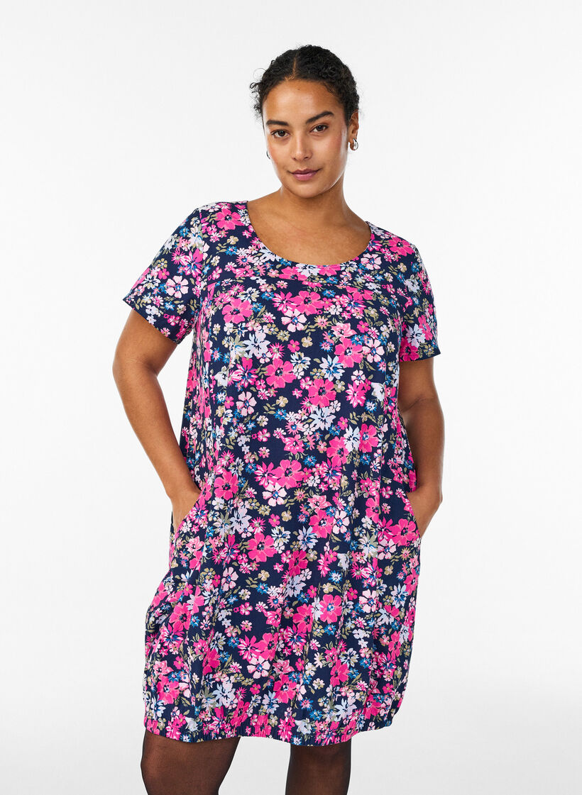 Kurzärmliges Baumwollkleid mit Print, Blau, Model image number 0