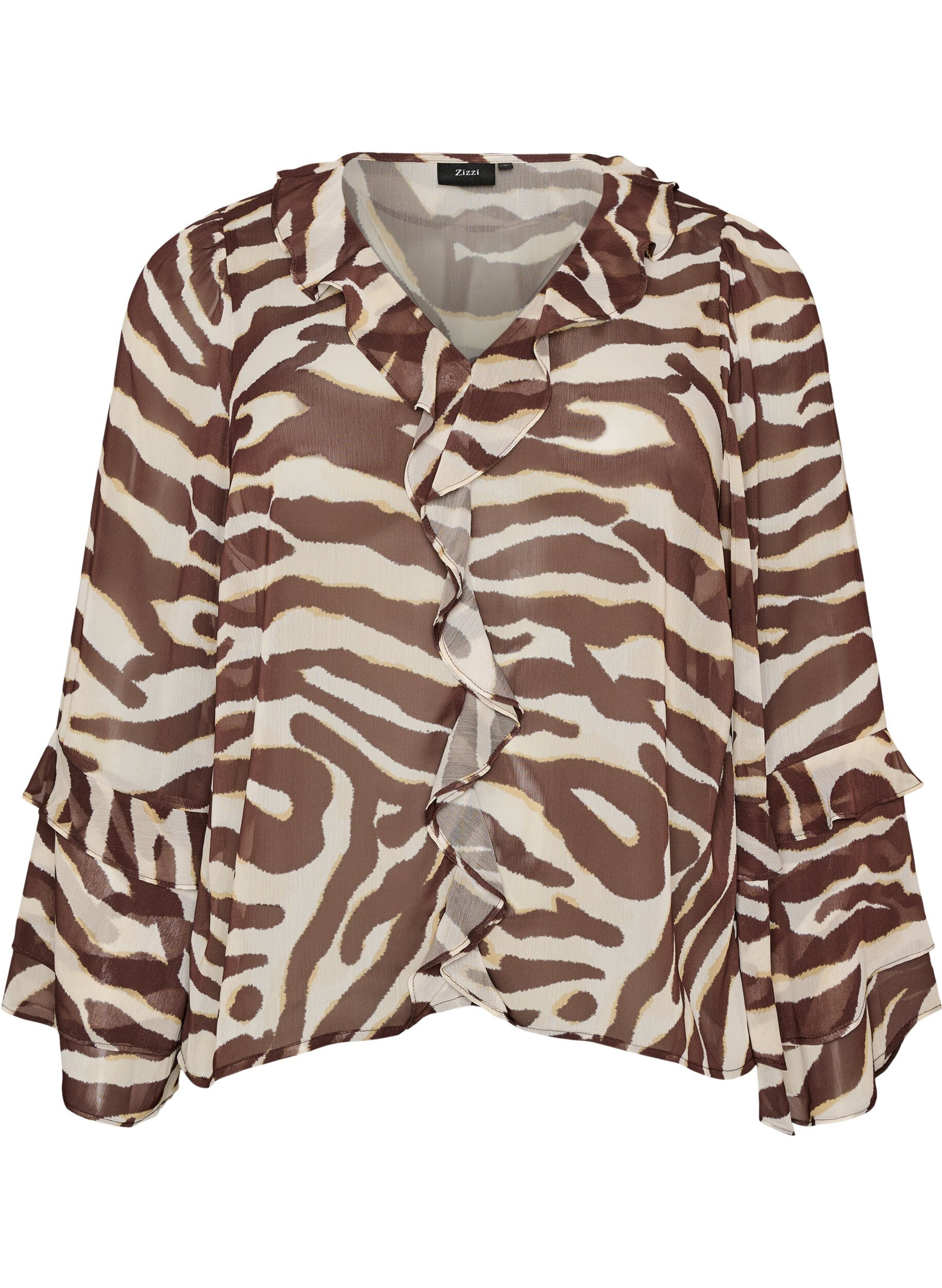 ZizziChiffonbluse mit Zebramuster und R&uuml;schen, Braun, Packshot image number 0