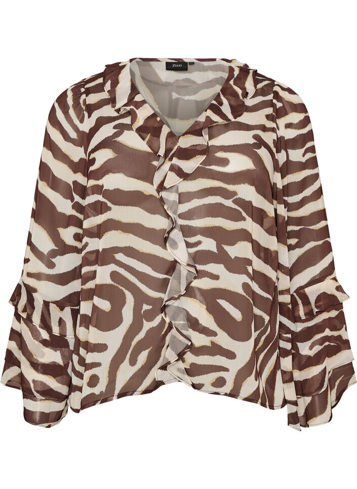 Chiffonbluse mit Zebramuster und R&uuml;schen, Braun, Packshot image number 0